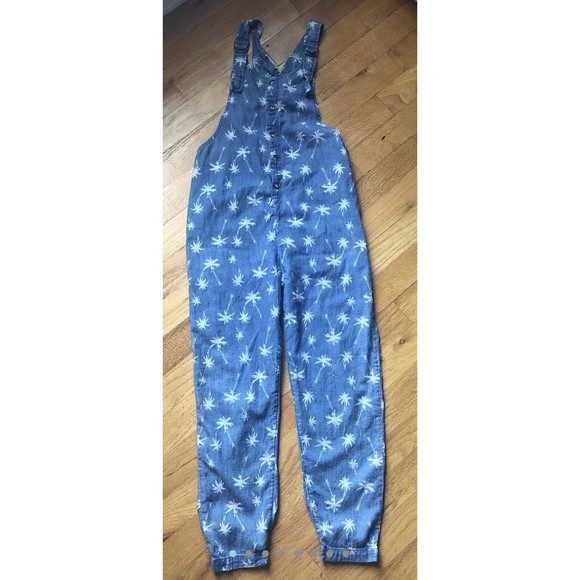 Denim Look Size 7/8 Palm Tree Overalls Jumpsuit - Picture 1 of 8